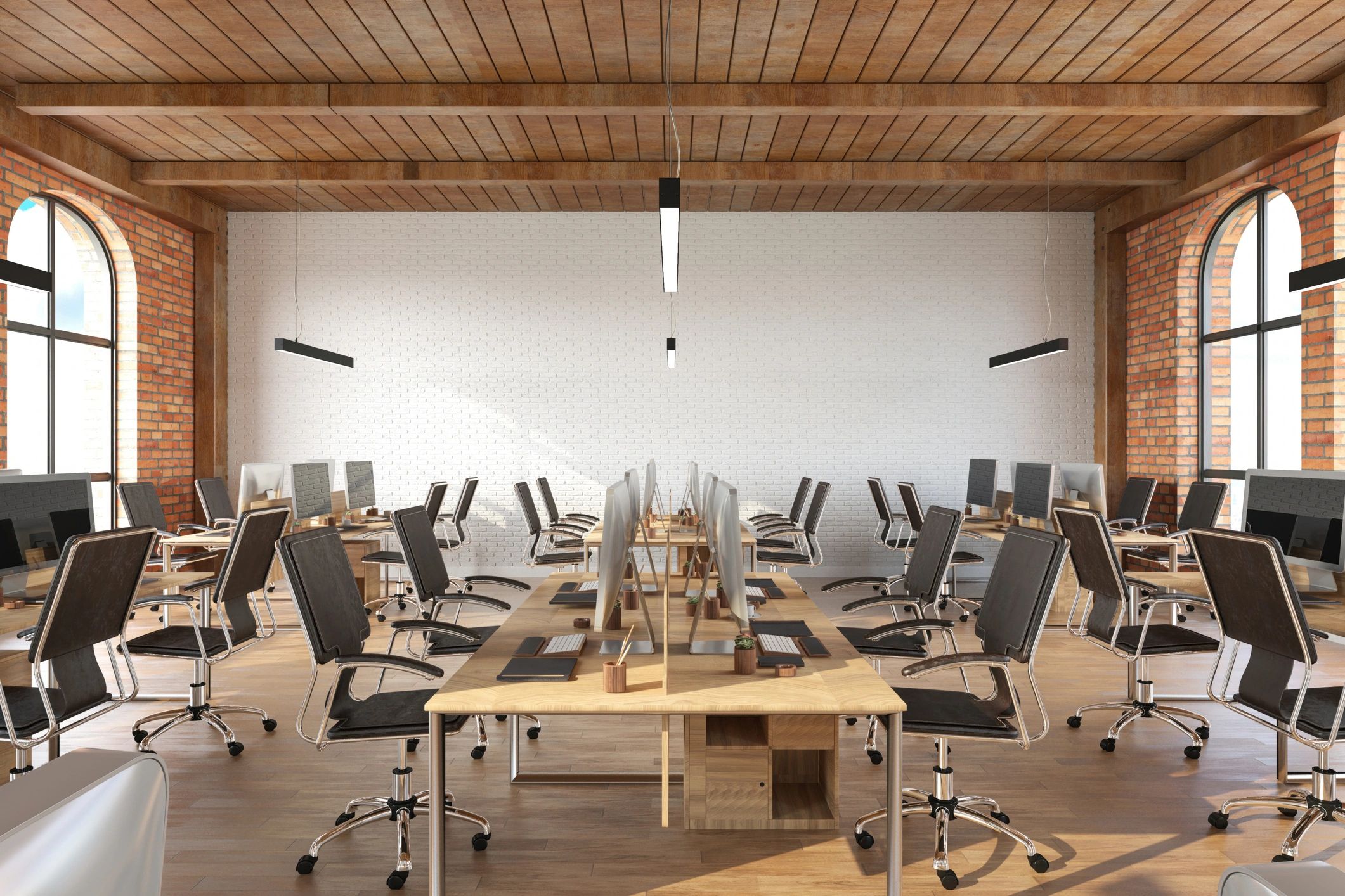 Open plan office interior with desks and wood ceiling